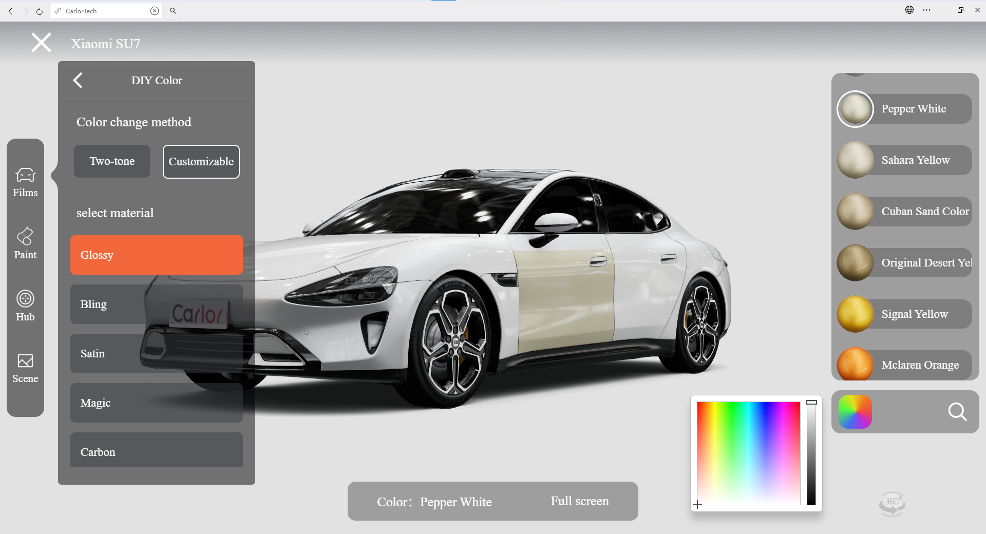 Carlor 3D Visualizer interface showing a vehicle, film finishes, and color controls