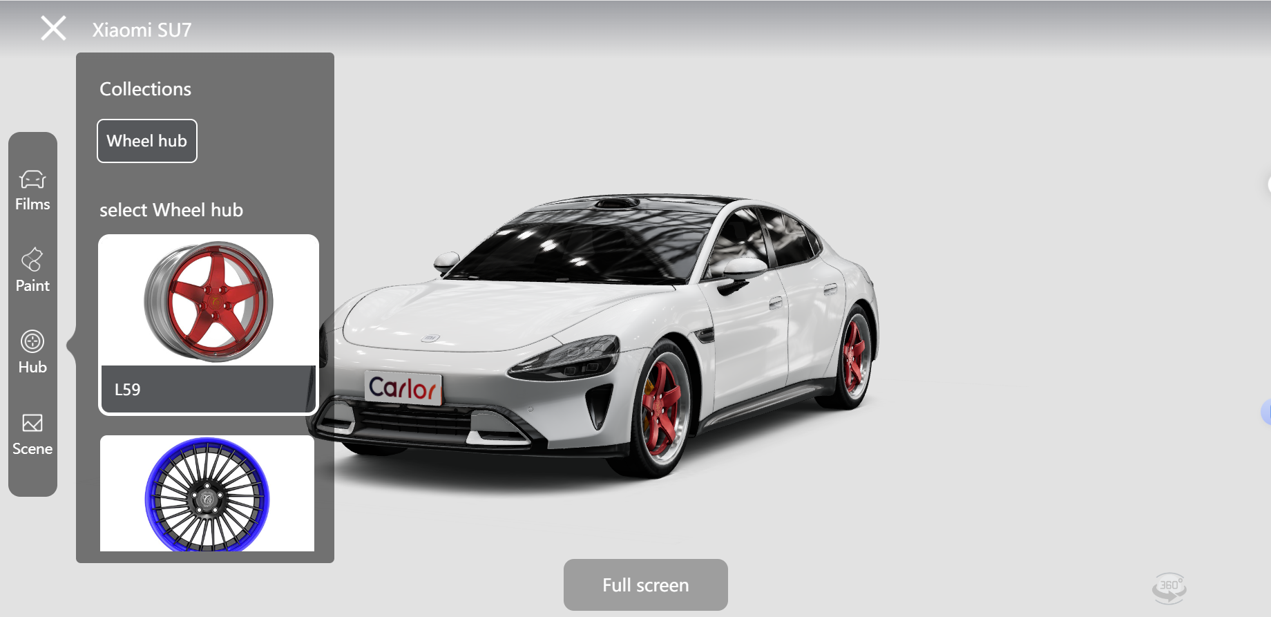 Carlor 3D interface previewing different wheel designs on a vehicle
