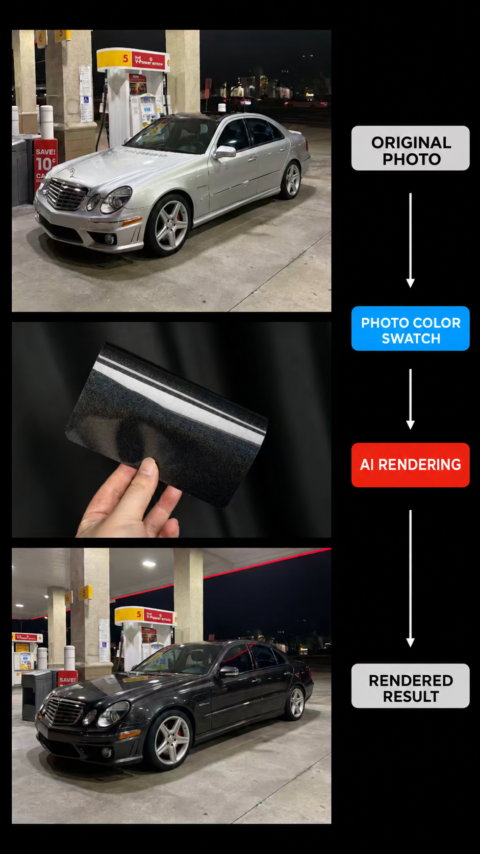 Photo-to-color-swatch-to-AI-rendering workflow turning an original vehicle photo into a styled result