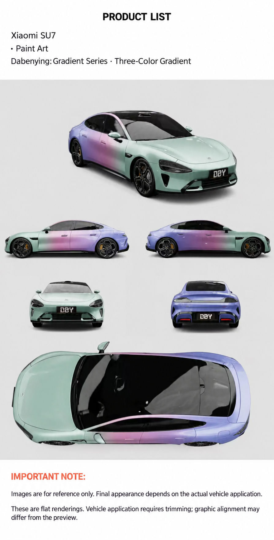Customer vehicle design proposal sheet with product details and multiple vehicle views